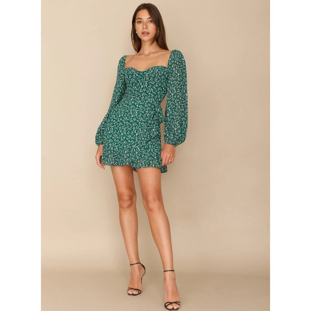 Reformation Petites Cammi Parsley Green Floral Wrap Mini Dress Size 0P